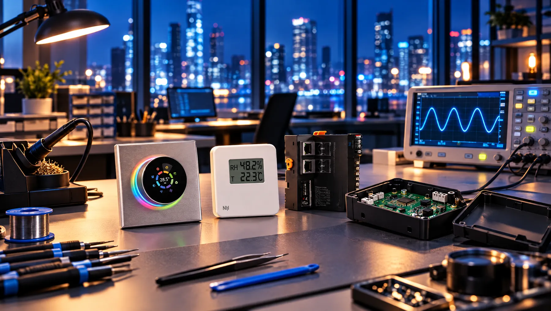 Electronics R&D workbench with NeoWave thermostat, sensor and I/O module prototypes