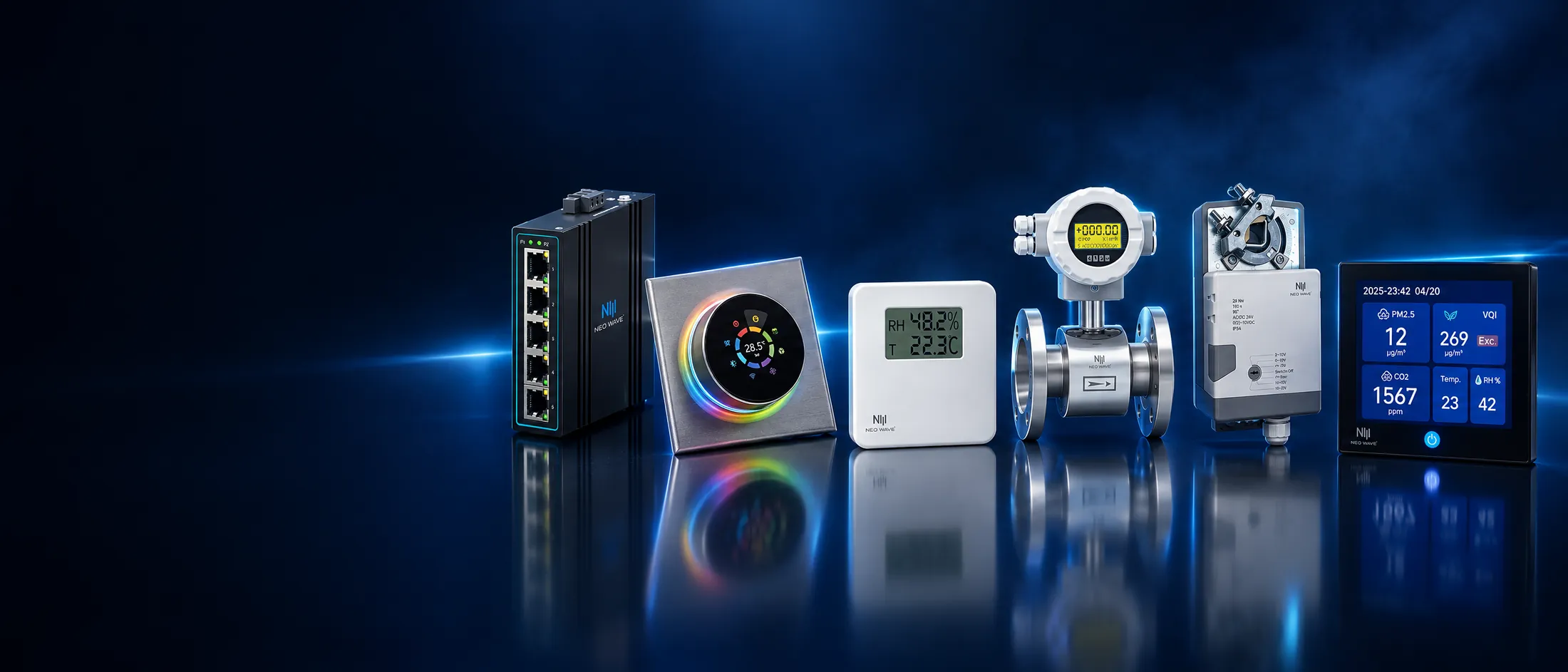 NeoWave device lineup: industrial switch, smart thermostat, room sensor, flow meter, damper actuator and air quality controller