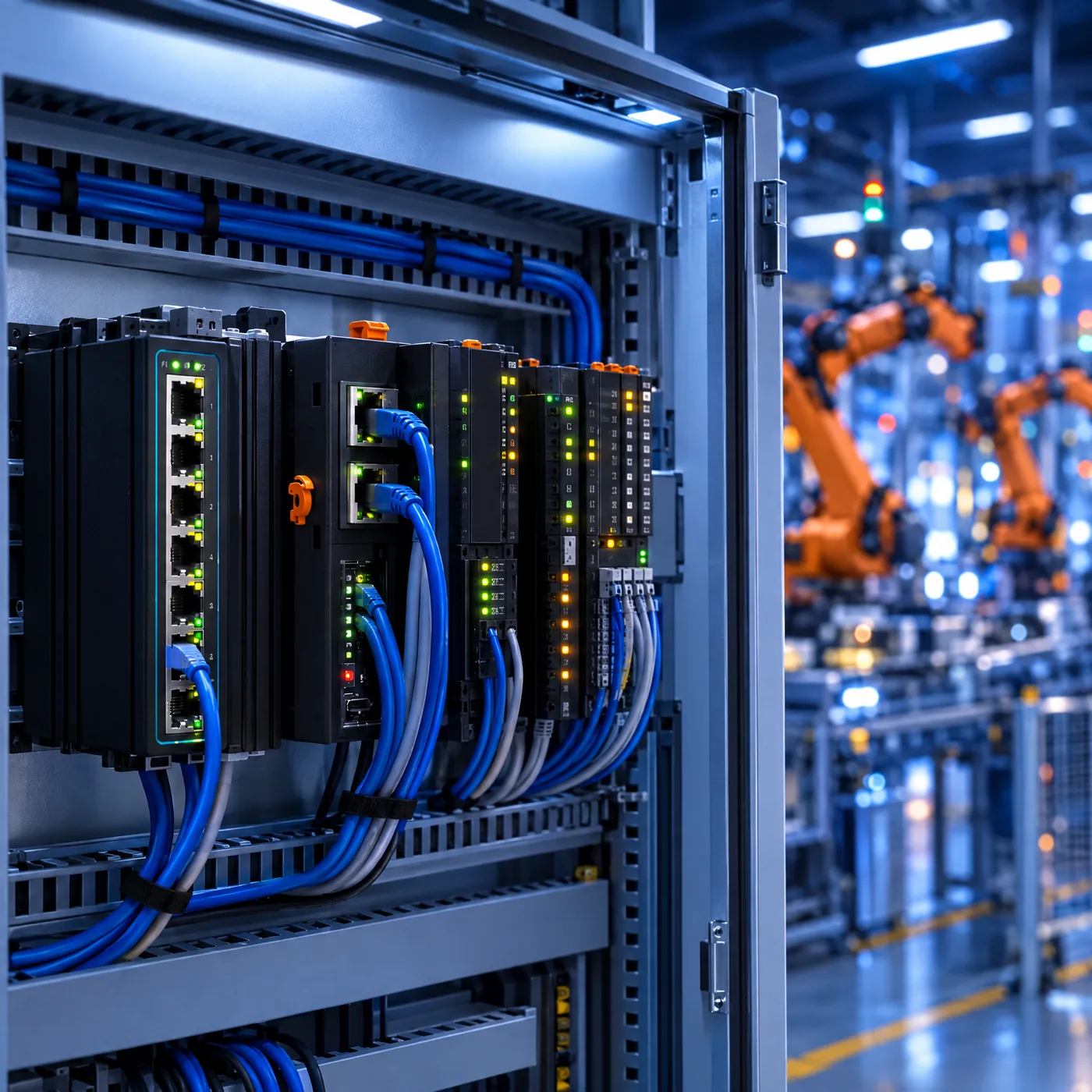 Industrial switches and I/O modules in a control cabinet on a factory floor
