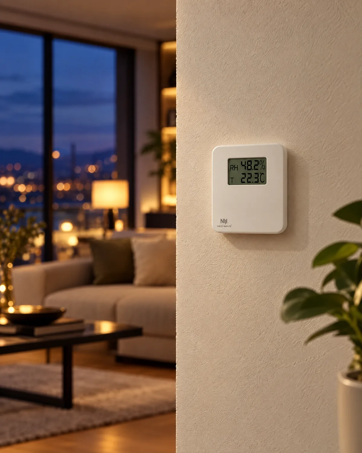 NeoWave temperature and humidity sensor mounted in a modern living room