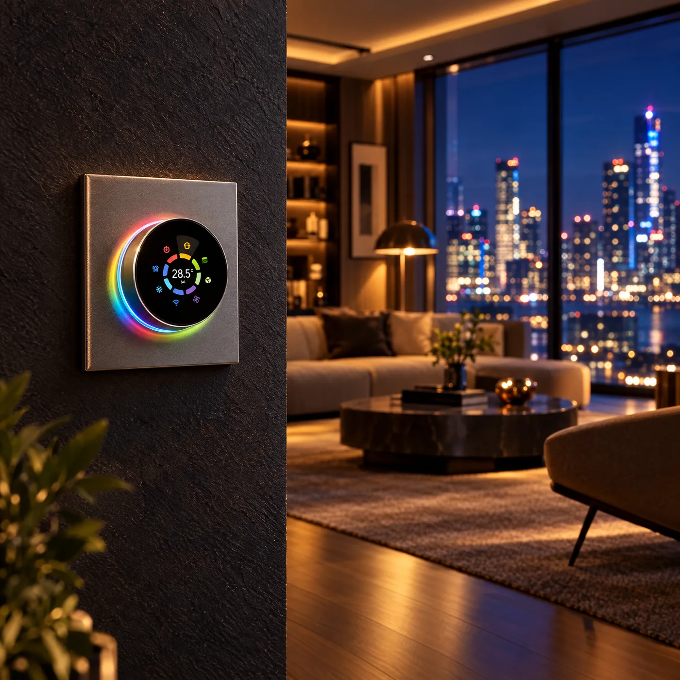 NeoWave smart thermostat glowing in a modern living room at night